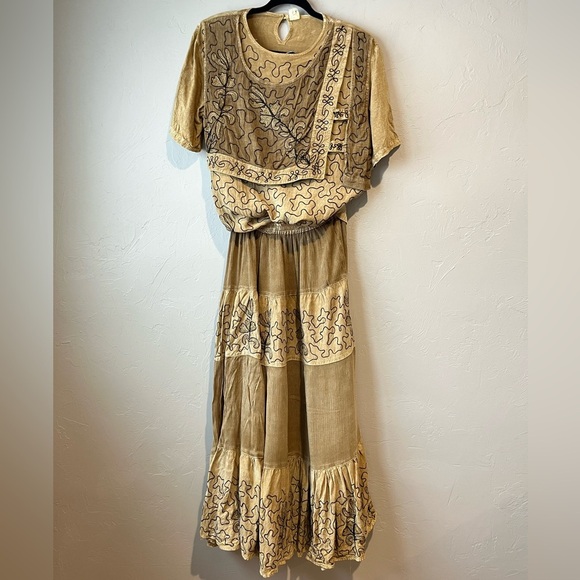 Fairy bohemian boho embroidered eccentric hippy maxi shirt set nature Lagenlook - Picture 1 of 16